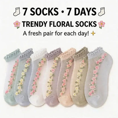 7 Pairs Womens Sheer Floral Mesh Ankle Socks Thin Transparent Ruffle Socks for Summer