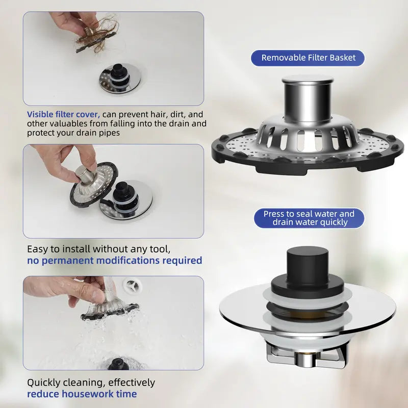 3-in-1 Pop-Up Sink Stopper Hair Catcher, Drain Protector & Water Stopper | Universal Chrome Fit