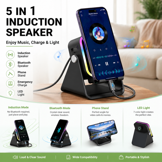 5-in-1 Smart Wireless Bluetooth Speaker Auto Phone Playback, RGB Light, Adjustable Stand & Power Bank