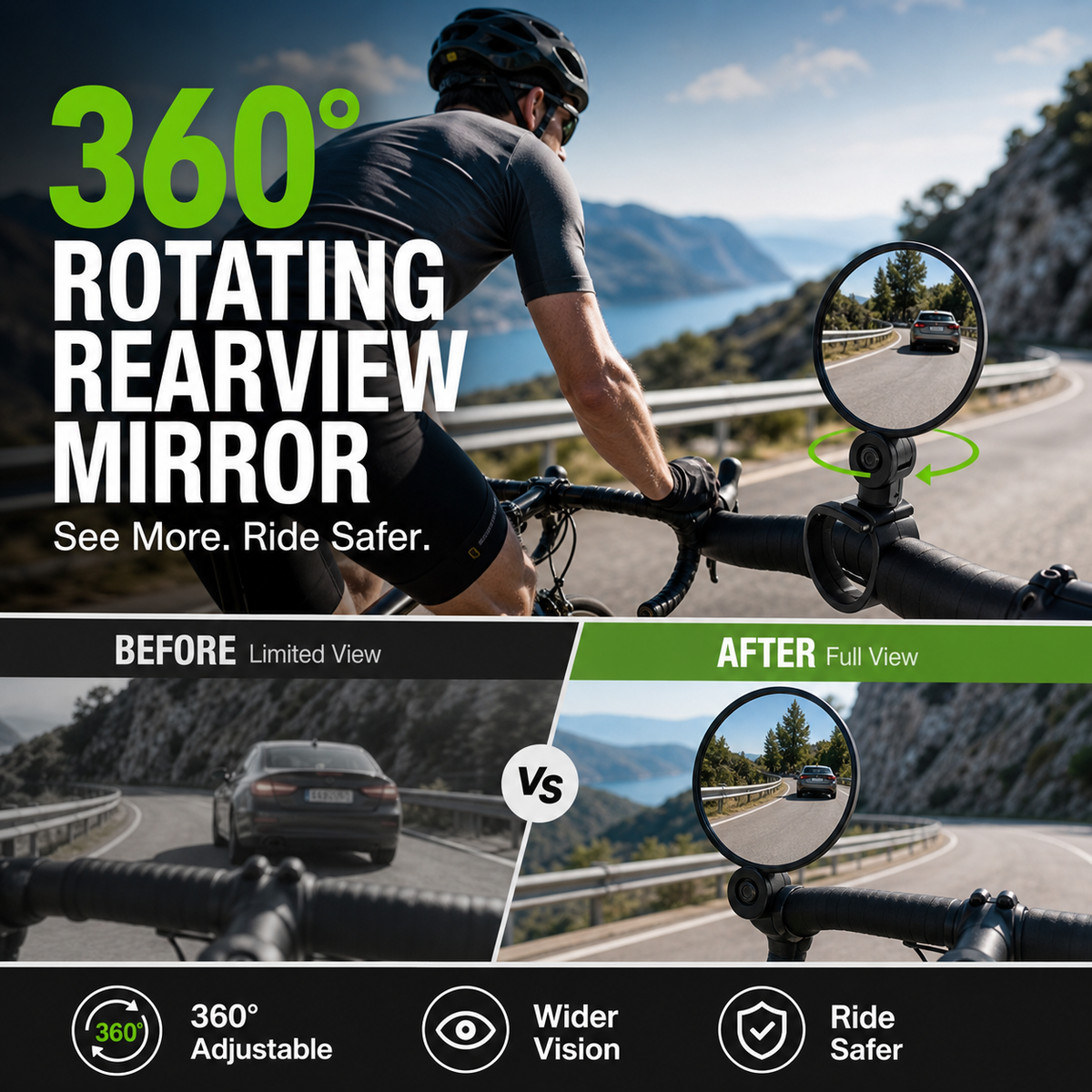 2026! 360 Rotating Rearview Mirror Clear view behind, no more neck twisting. Fits bikes