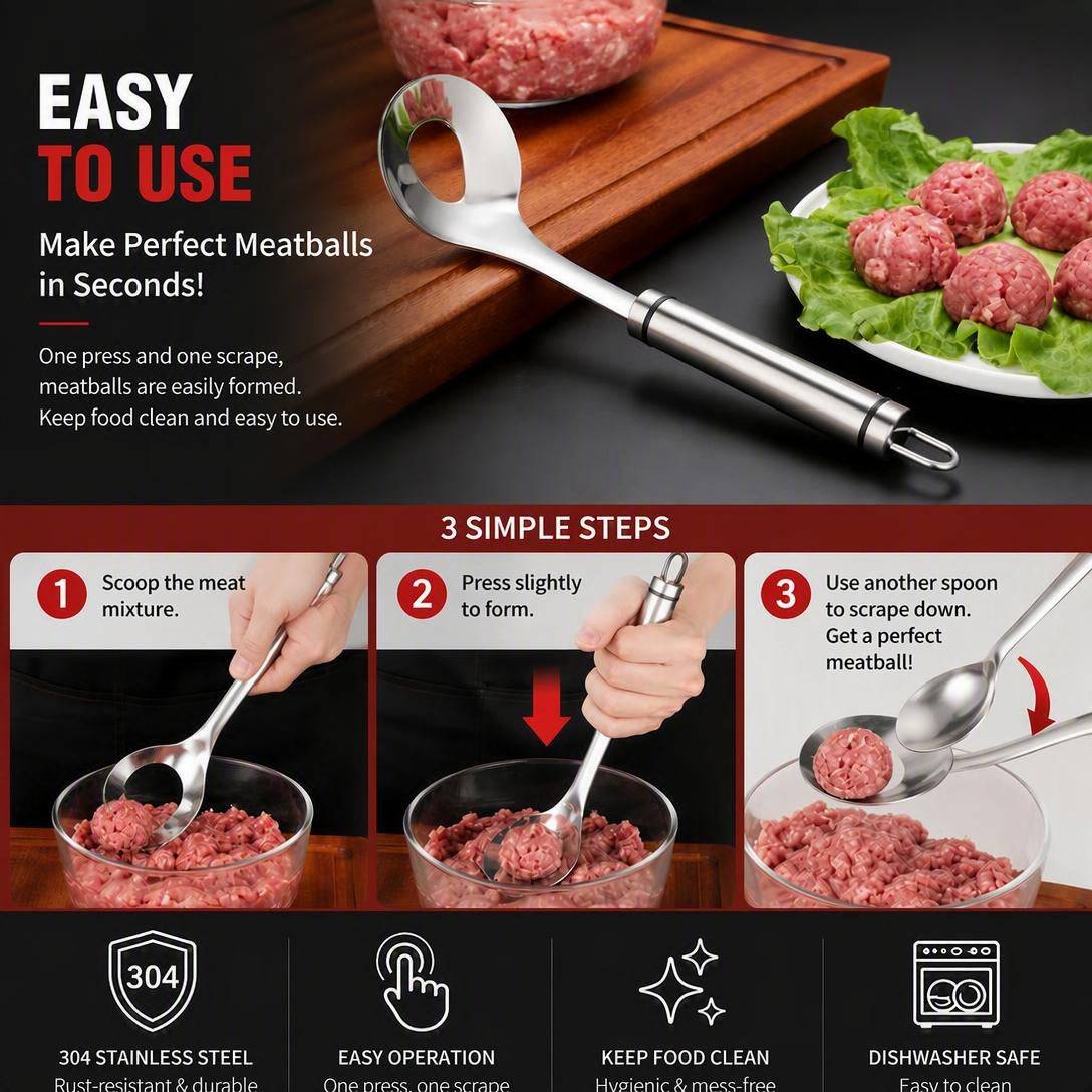 304 Stainless Steel Meatball Scoop Ball Maker, Easy Grip Kitchen Tool for Meatballs, Fish Balls & Dough