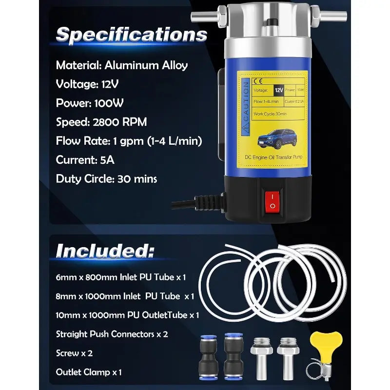 12V 100W Self-Priming Electric Oil Pump 30min Continuous Run, Engine Oil Change Tool, Gear & Transmission Fluid Removal
