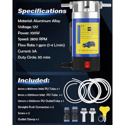 12V 100W Self-Priming Electric Oil Pump 30min Continuous Run, Engine Oil Change Tool, Gear & Transmission Fluid Removal