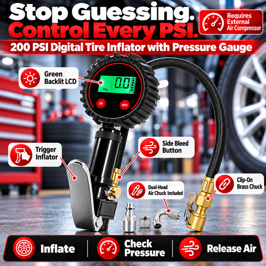 200 PSI Digital Tire Inflator Gauge 3-in-1 Air Chuck, Pressure Gauge & Bleeder