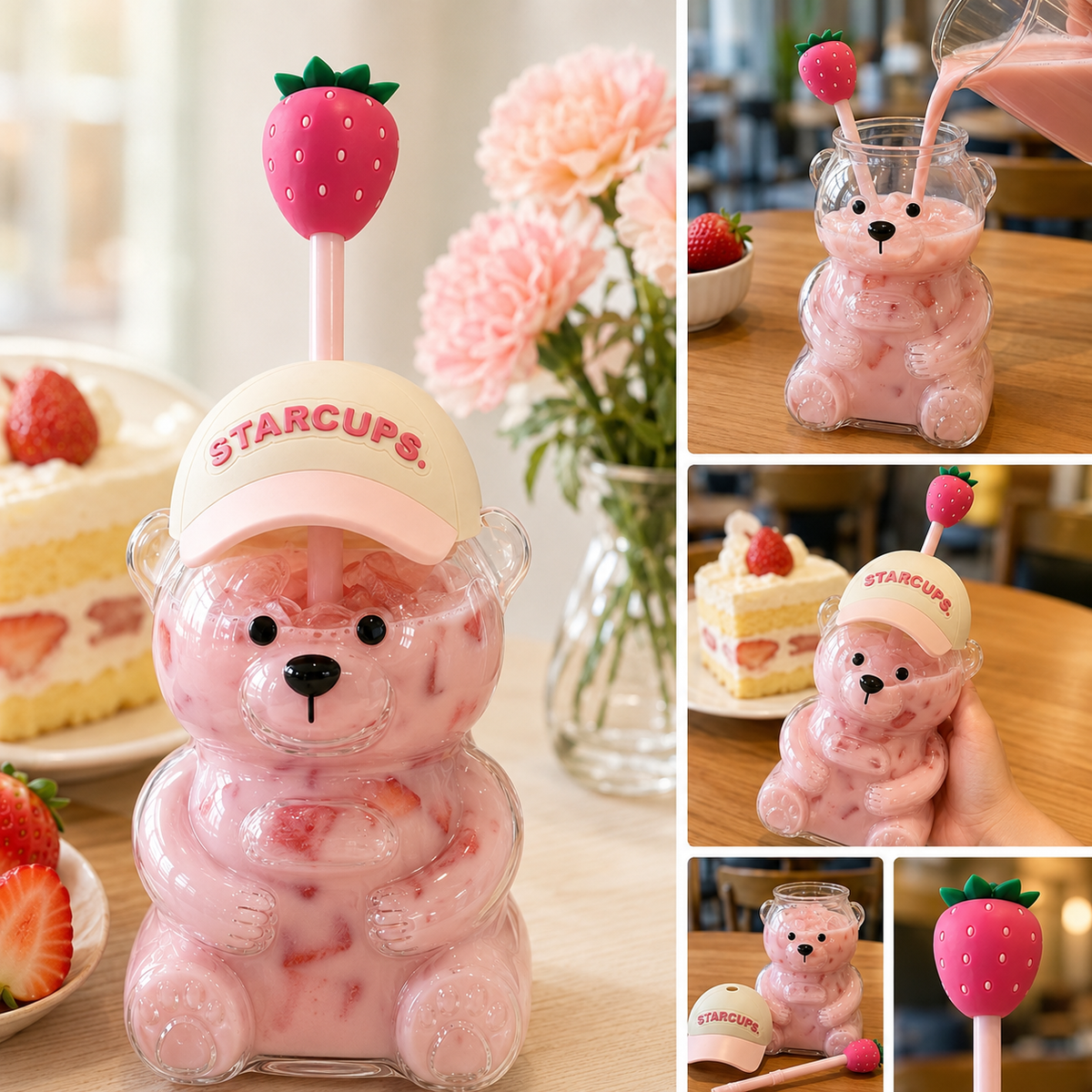2026 Cute Beaar Glass Tumbler with Bear Lid & Strawberry Straw