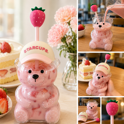 2026 Cute Beaar Glass Tumbler with Bear Lid & Strawberry Straw