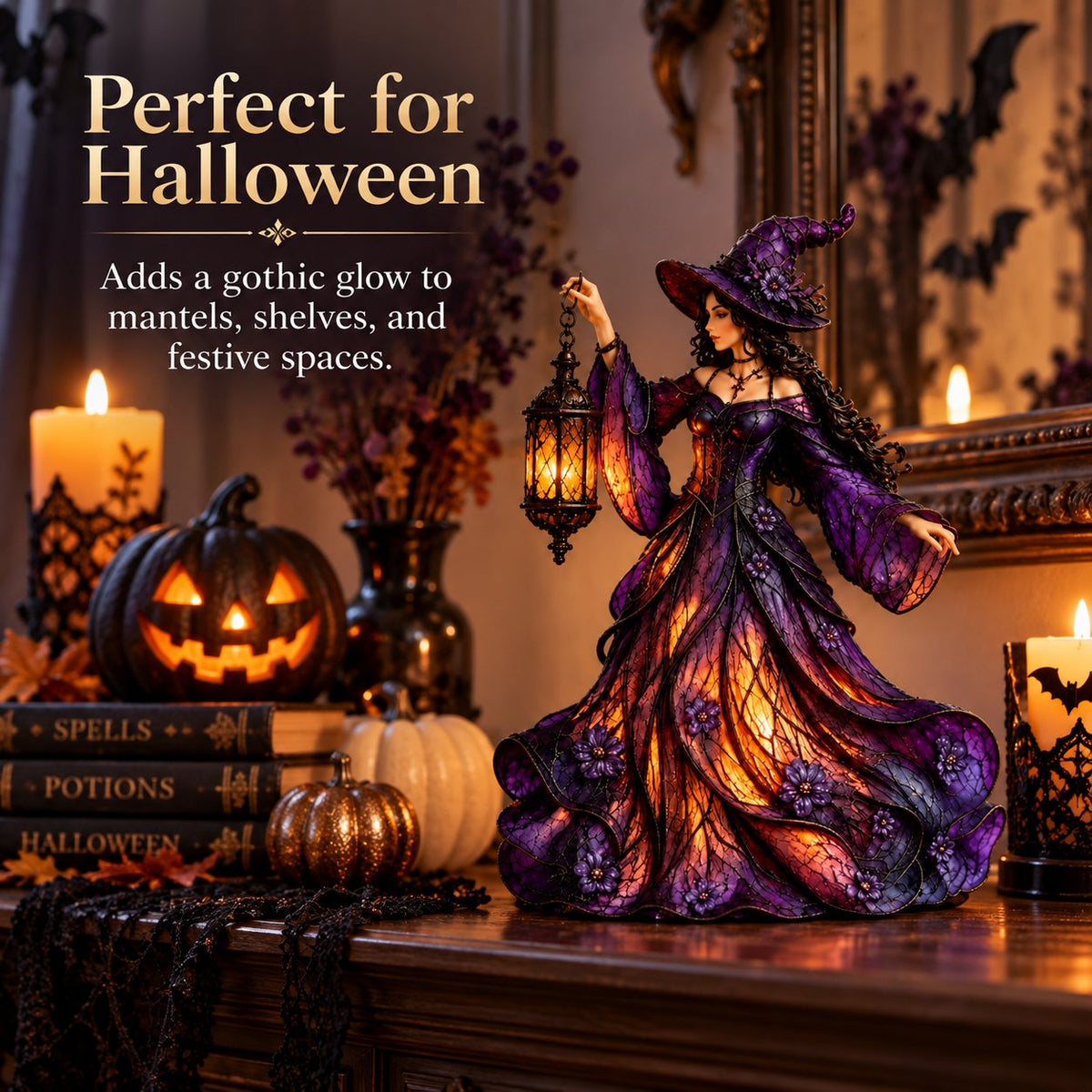 Gotische Halloween-Hexenfigur mit LED-Laterne