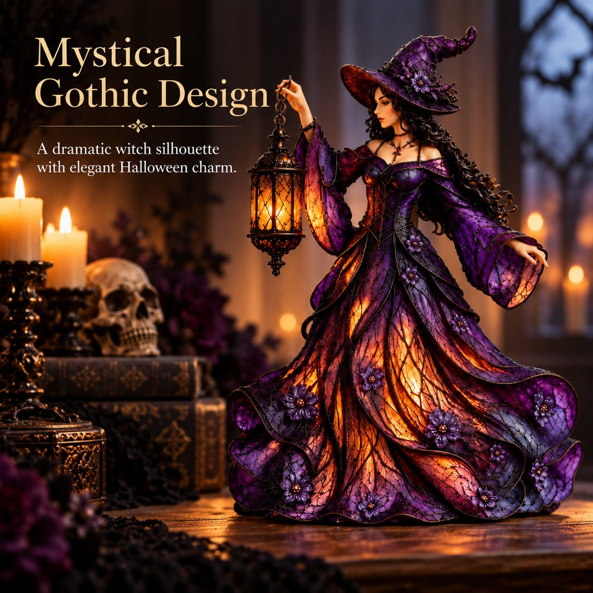 Gotische Halloween-Hexenfigur mit LED-Laterne