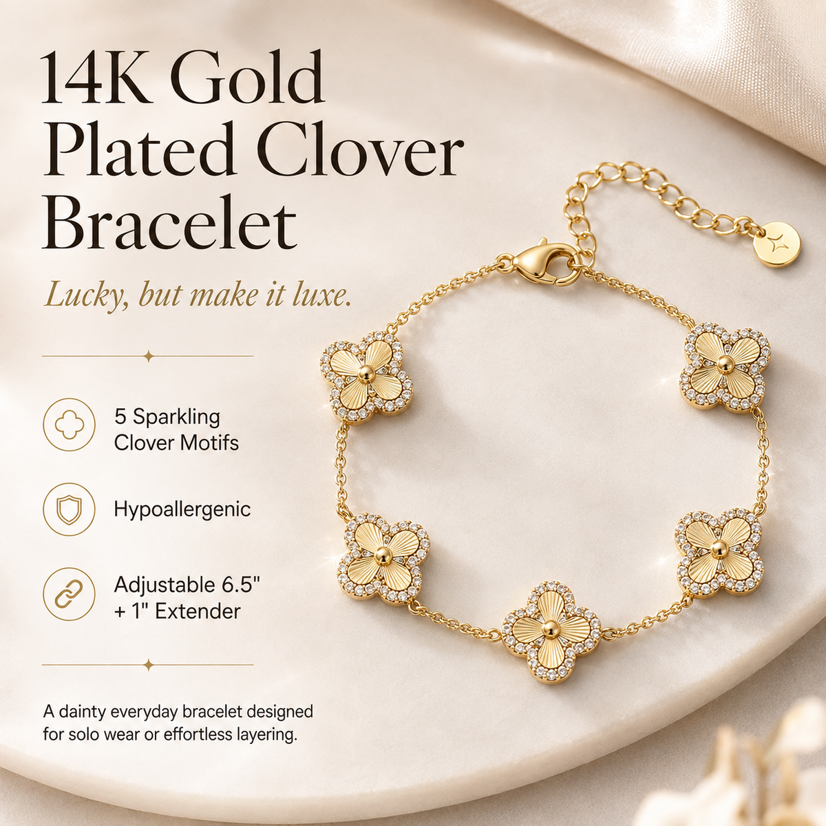 14K Gold-Plated Four-Leaf Clover Bracelet Lucky Charm Jewelry for Women