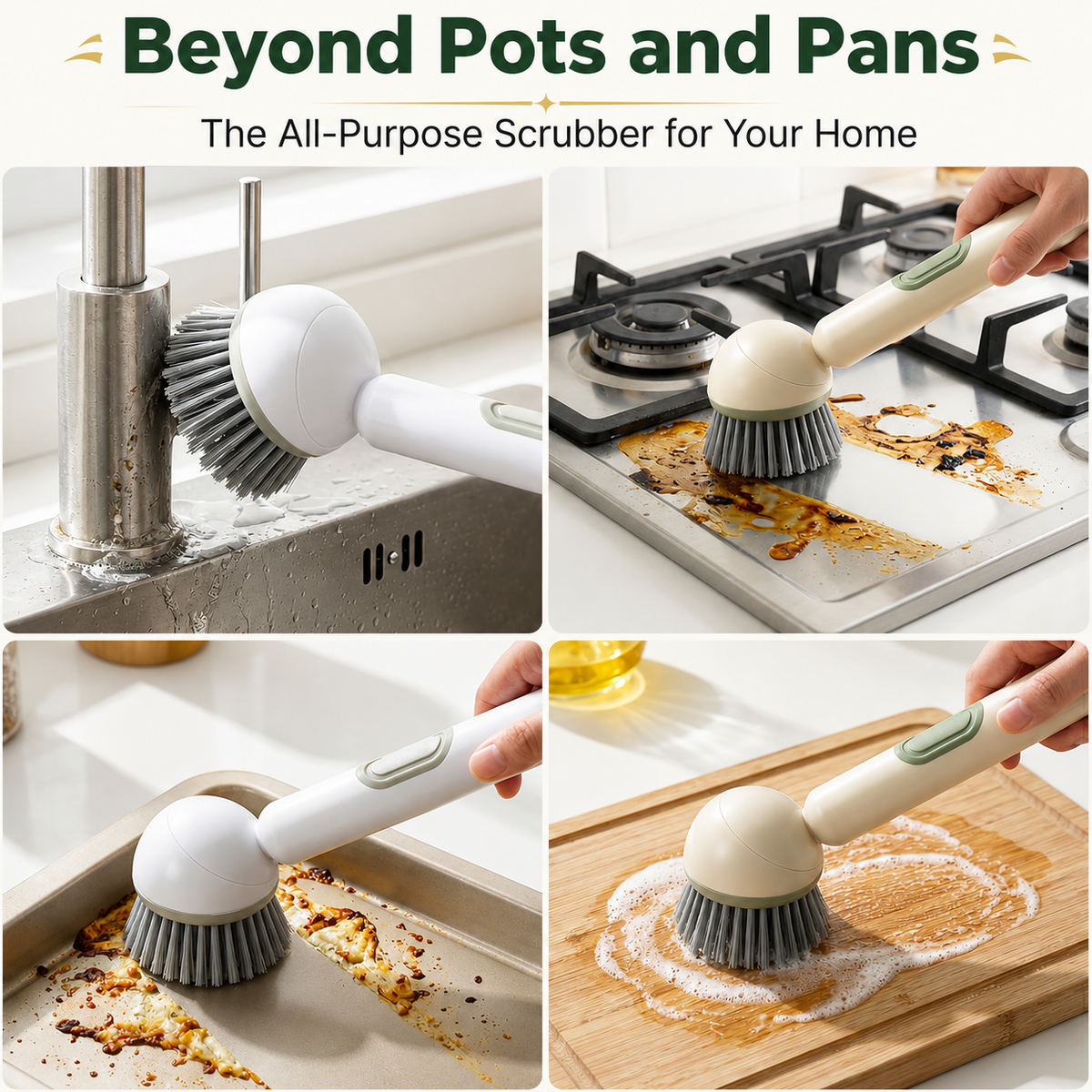 360 Rotating Soap Dispensing Dish Brush with Interchangeable Heads