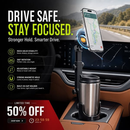 2026 Arrival Car Cup Holder Phone Mount 360 Adjustable, Strong N52 Magnet, One-Hand Operation, Fits All Phones