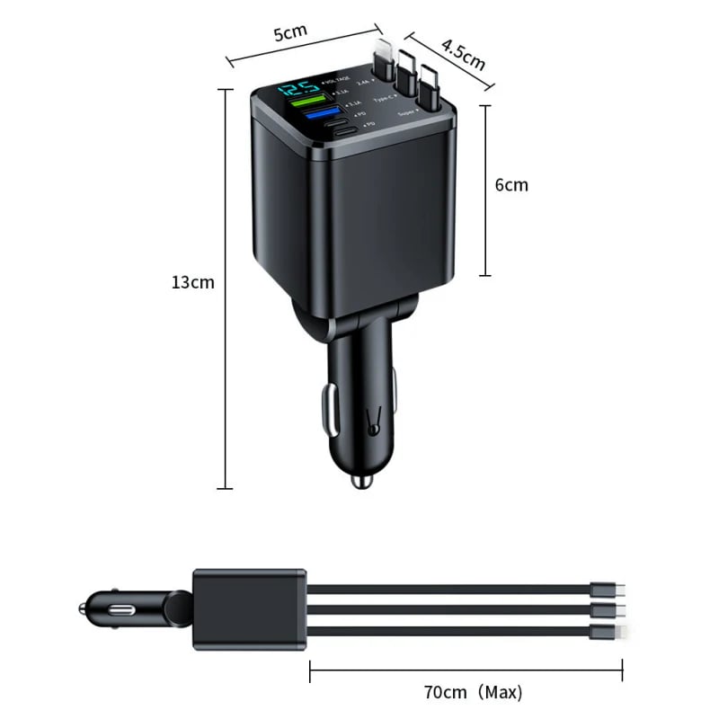 7-in-1 Retractable Fast Car Charger with Voltage Display USB-C, Fast Charging & Essential for Daily Use