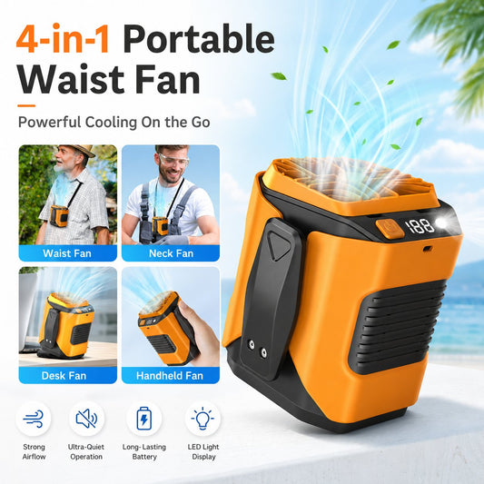 4-in-1 Portable Waist Fan - Hands-Free Cooling, 10 Speeds, 5000mAh Battery for Work & Outdoor!