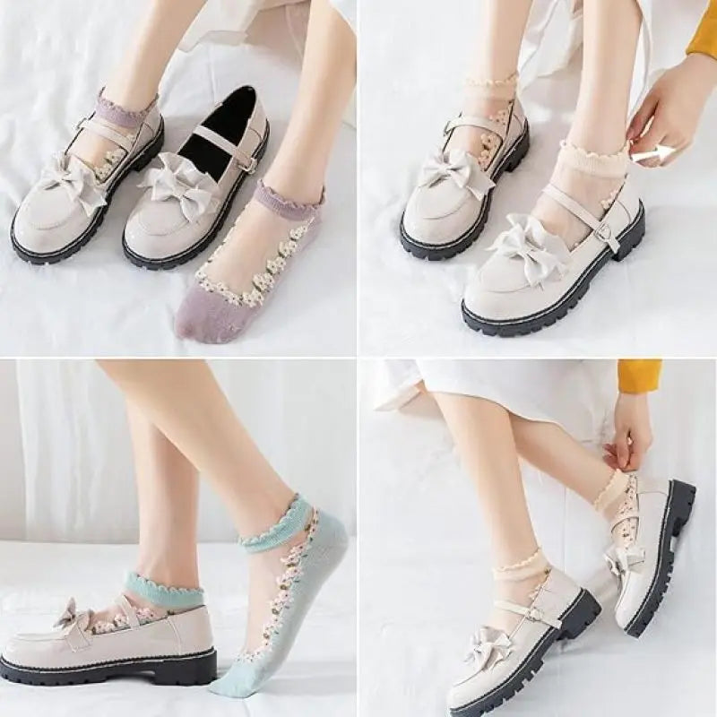 7 Pairs Womens Sheer Floral Mesh Ankle Socks Thin Transparent Ruffle Socks for Summer