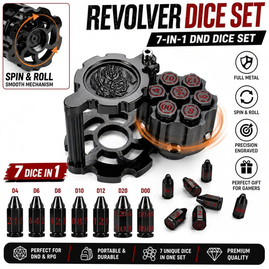 7PCS Metal Revolver Dice Set - Bullet-Design Polyhedral Game Pieces with Industrial Look