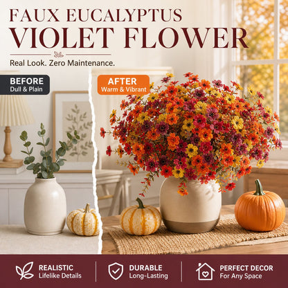 Artificial Autumn Violet Flower Bouquet Weatherproof Faux Fall Floral Stems for Porch & Home