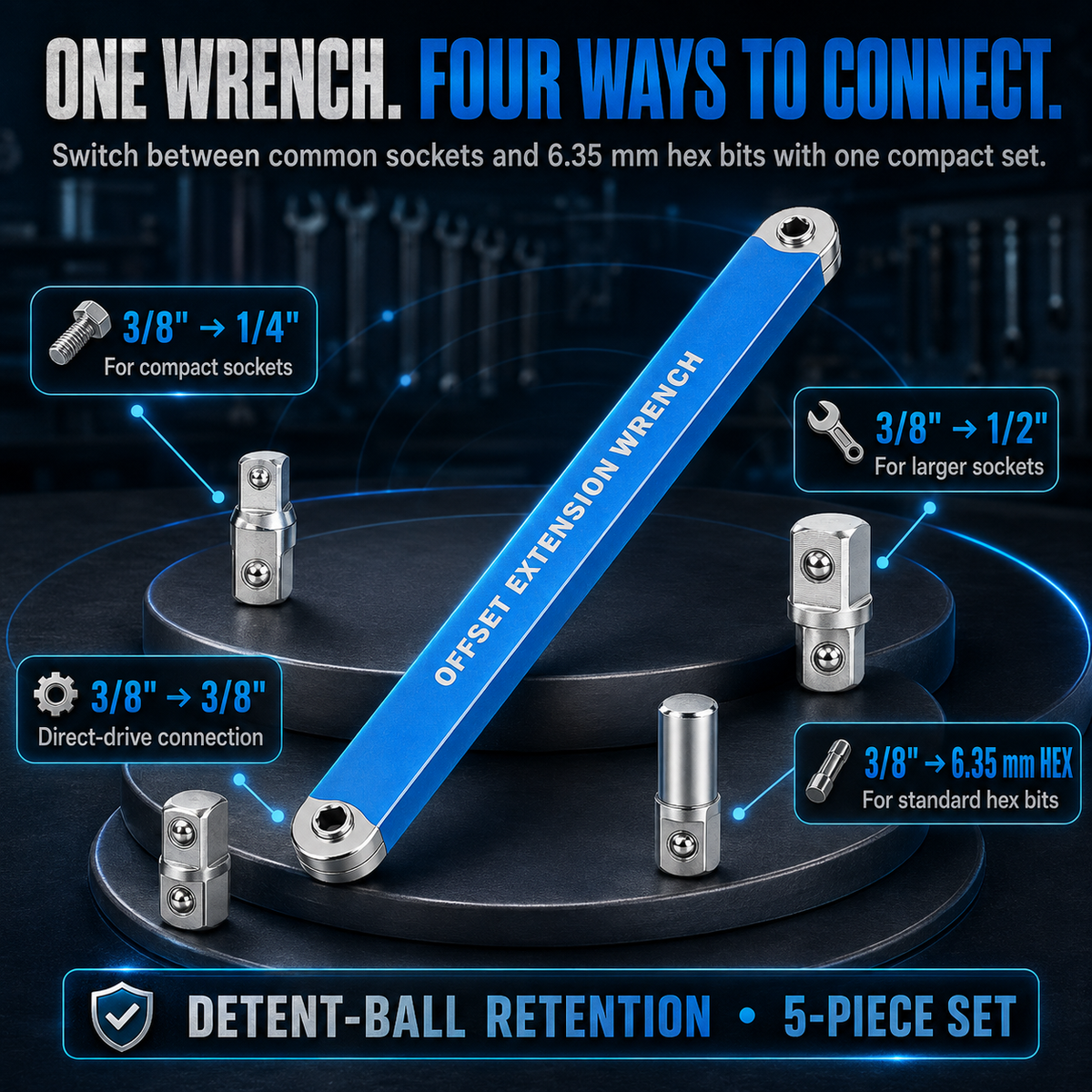 3/8' Offset Extension Wrench Set Reach Tight Bolts Without Removing Parts