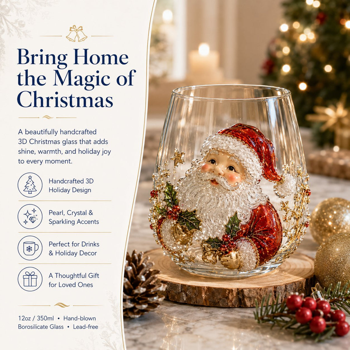 3D Christmas Glass Art Cup | Luxury Raised Holiday Glassware for Drinks, Decor & Christmas Gifts