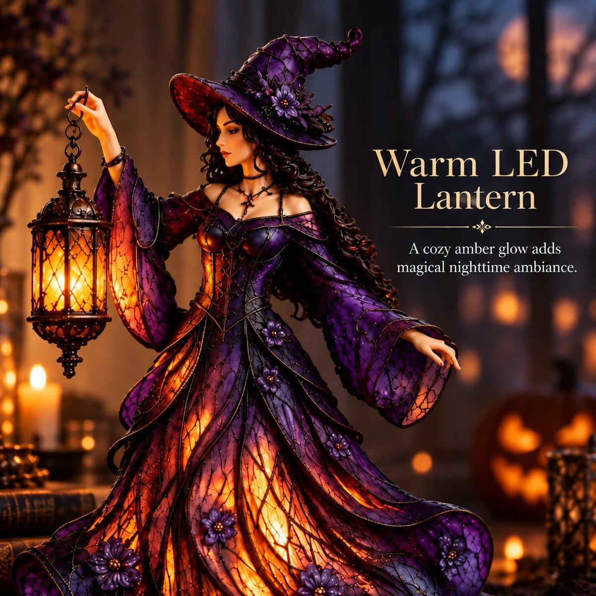 Gotische Halloween-Hexenfigur mit LED-Laterne