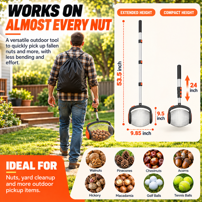 Telescopic Nut Picker with Foot Release Rolling Collector for Walnuts, Acorns & Pinecones, Yard Cleaning Tool