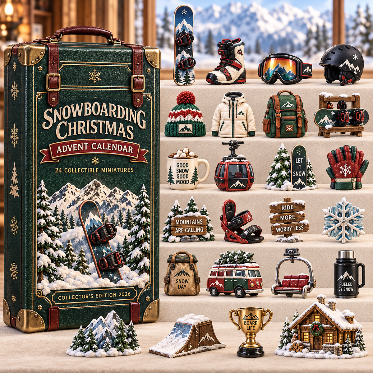 2026 Snowboarding Christmas Advent Calendar 24 Unique Collectible Miniatures for Snowboard Lovers & Mountain Adventures