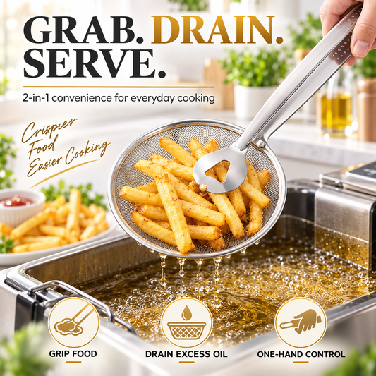 2-in-1 Spider Strainer Tongs for Frying & Draining