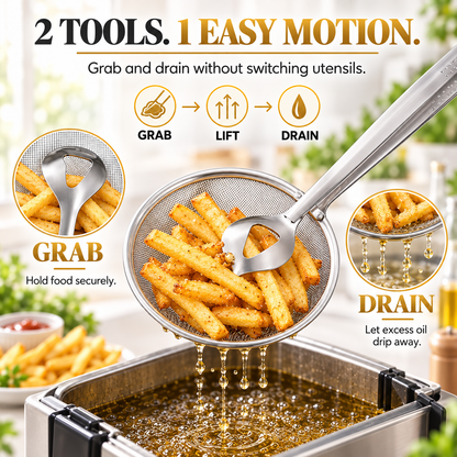 2-in-1 Spider Strainer Tongs Stainless Steel Frying & Draining Tool