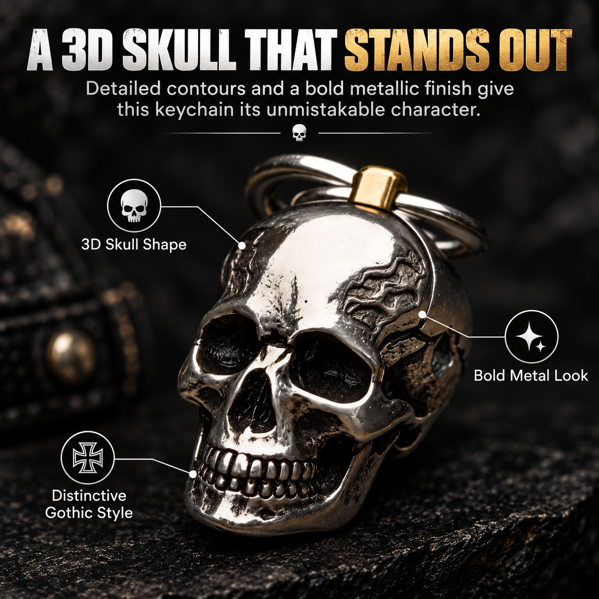 3D Stainless Steel Skull Keychain Gothic Biker EDC Key Ring