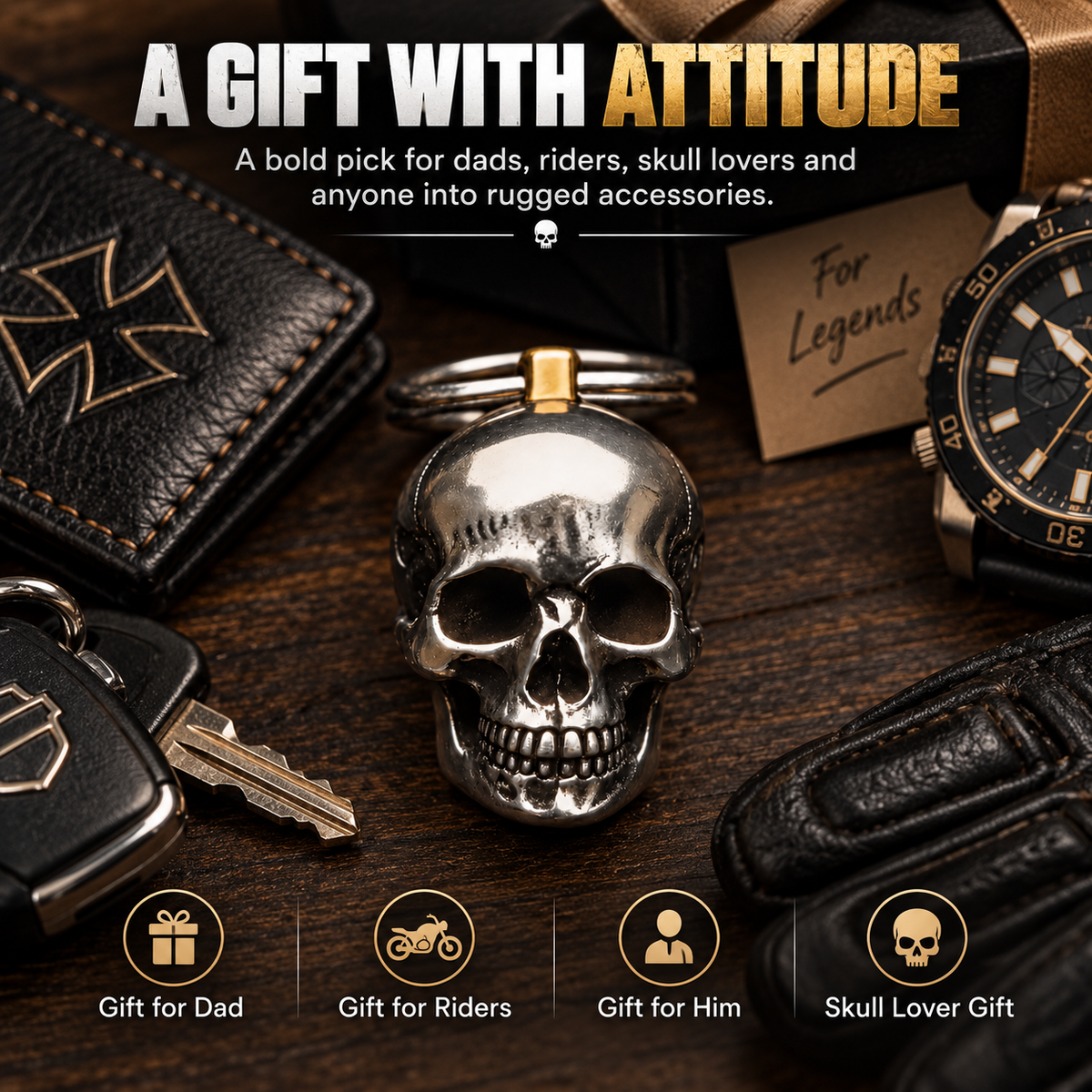 3D Stainless Steel Skull Keychain Gothic Biker EDC Key Ring