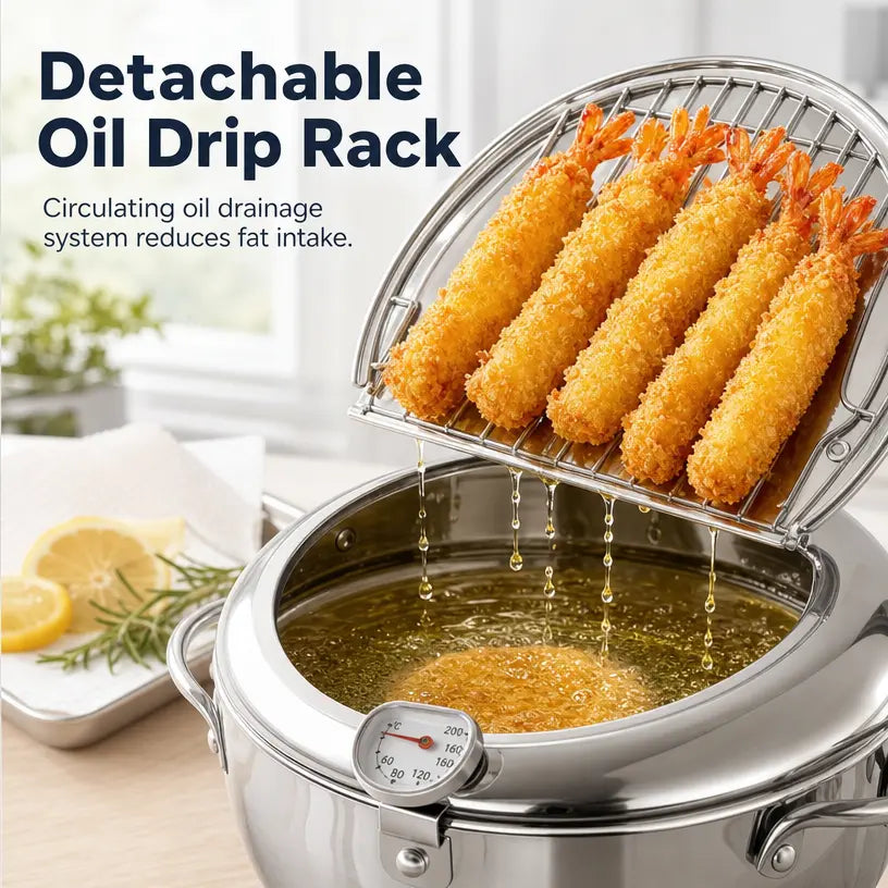 304 Grade Stainless Steel Deep Fryer Pot - Japanese Style, with Thermometer, Oil Drip Drainer Rack, Temp Control