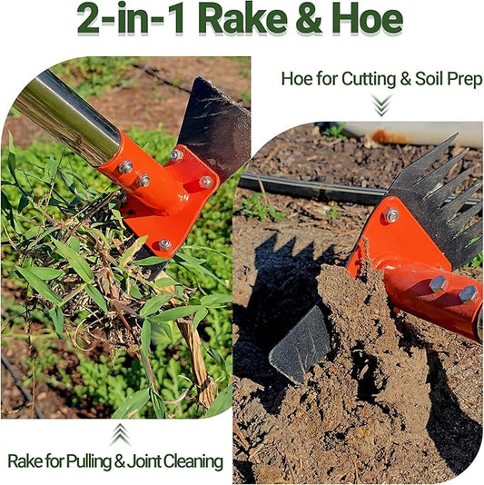 2 in 1 Garden Hoe & Weed Puller Rake | 60" Adjustable Long Handle Weeding Tool