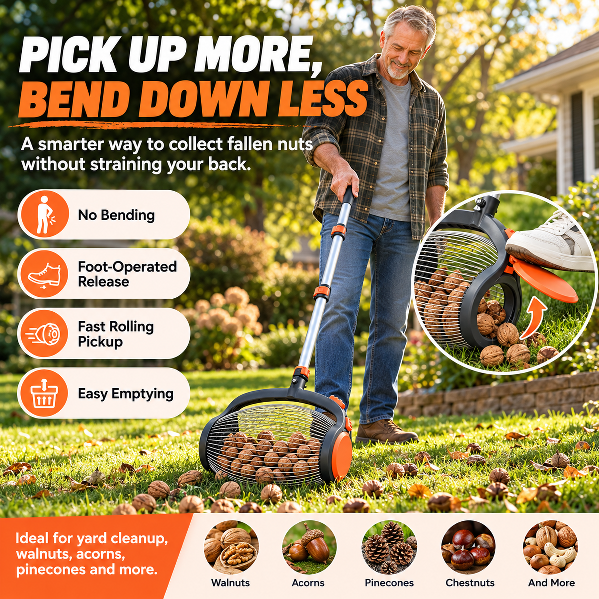 Telescopic Nut Picker with Foot Release Rolling Collector for Walnuts, Acorns & Pinecones, Yard Cleaning Tool