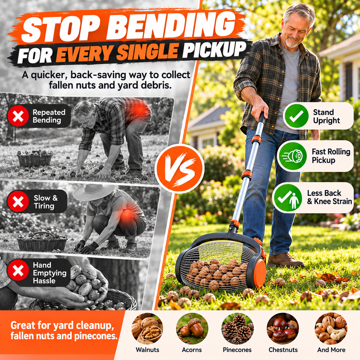 Telescopic Nut Picker with Foot Release Rolling Collector for Walnuts, Acorns & Pinecones, Yard Cleaning Tool