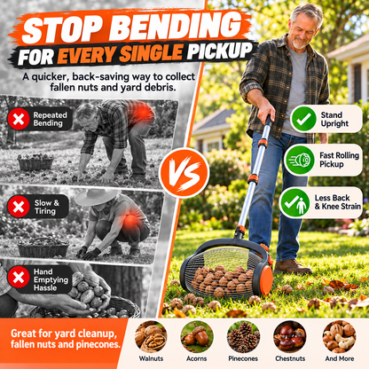 Telescopic Nut Picker with Foot Release Rolling Collector for Walnuts, Acorns & Pinecones, Yard Cleaning Tool