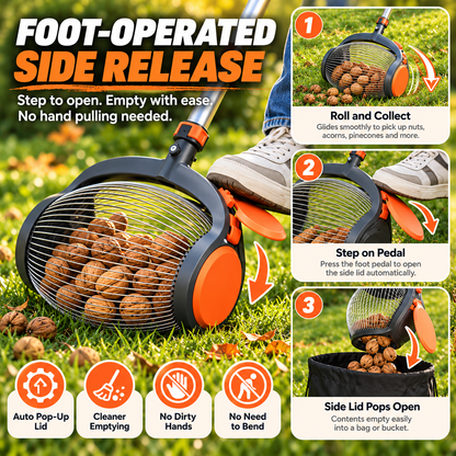 Telescopic Nut Picker with Foot Release Rolling Collector for Walnuts, Acorns & Pinecones, Yard Cleaning Tool