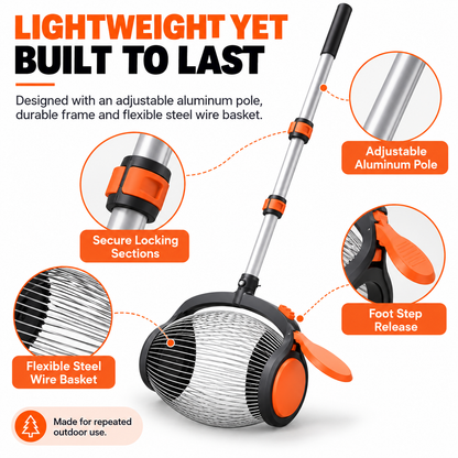 Telescopic Nut Picker with Foot Release Rolling Collector for Walnuts, Acorns & Pinecones, Yard Cleaning Tool