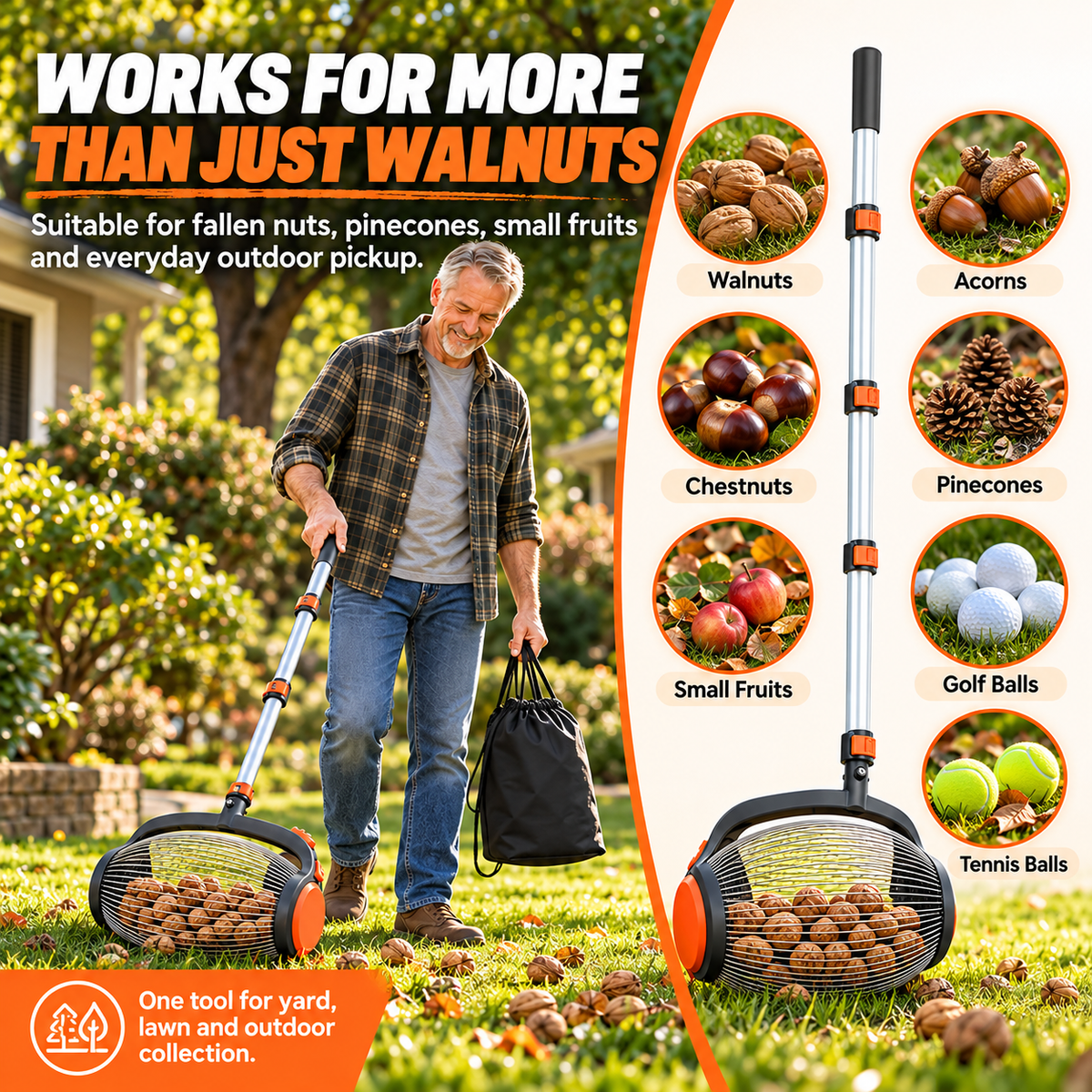 Telescopic Nut Picker with Foot Release Rolling Collector for Walnuts, Acorns & Pinecones, Yard Cleaning Tool