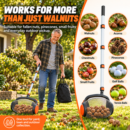 Telescopic Nut Picker with Foot Release Rolling Collector for Walnuts, Acorns & Pinecones, Yard Cleaning Tool