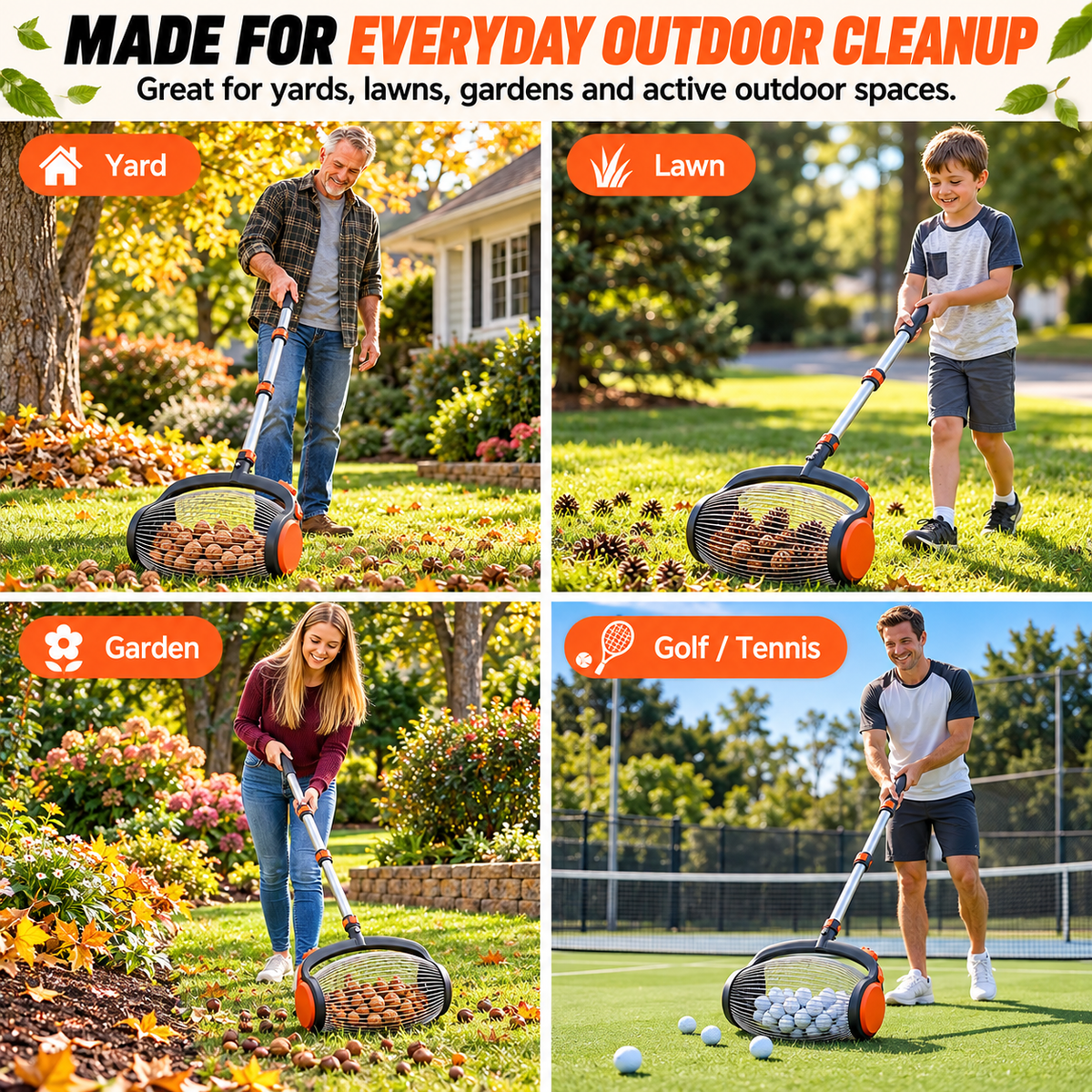 Telescopic Nut Picker with Foot Release Rolling Collector for Walnuts, Acorns & Pinecones, Yard Cleaning Tool