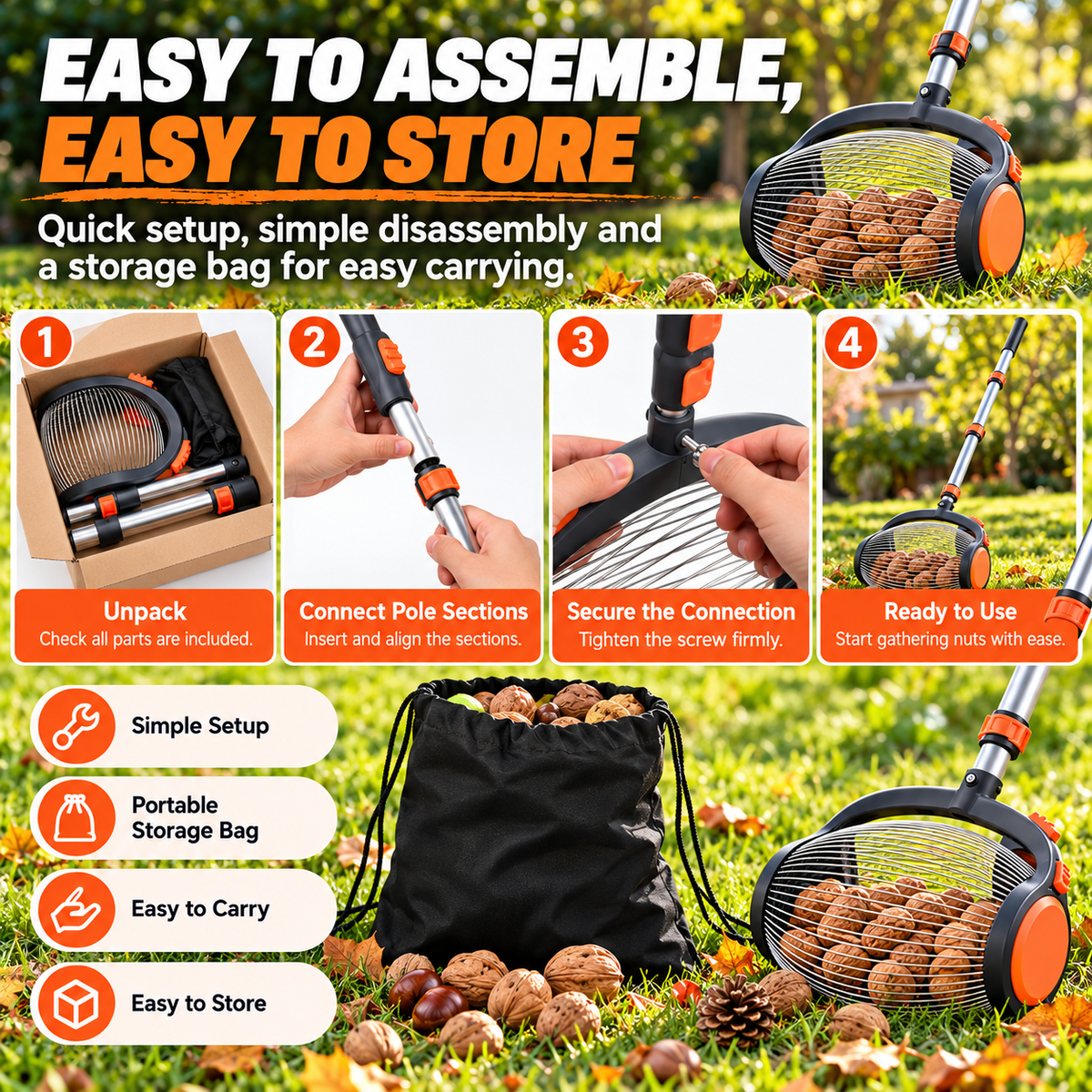 Telescopic Nut Picker with Foot Release Rolling Collector for Walnuts, Acorns & Pinecones, Yard Cleaning Tool