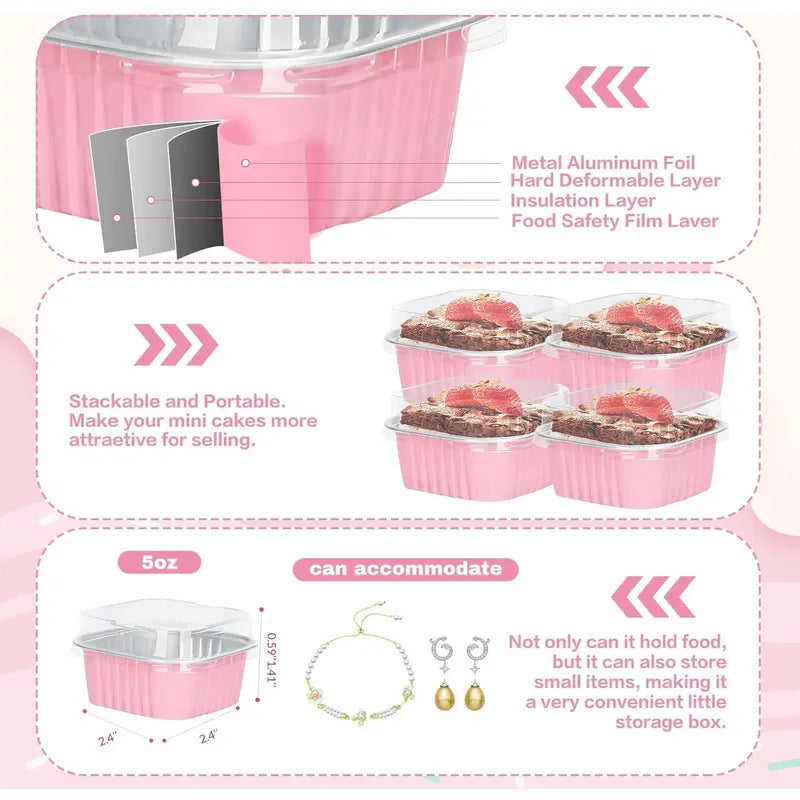 30-Pack Pink Mini Foil Cake Pans with Lids 5oz Disposable Dessert Cups