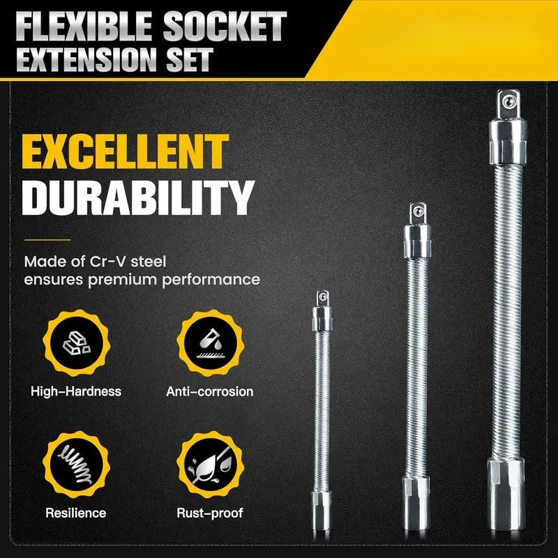 1/2 Inch 35cm Multifunctional Socket Wrench Set - 3 Bendable Shafts, Wrench Extender, Connecting Rod