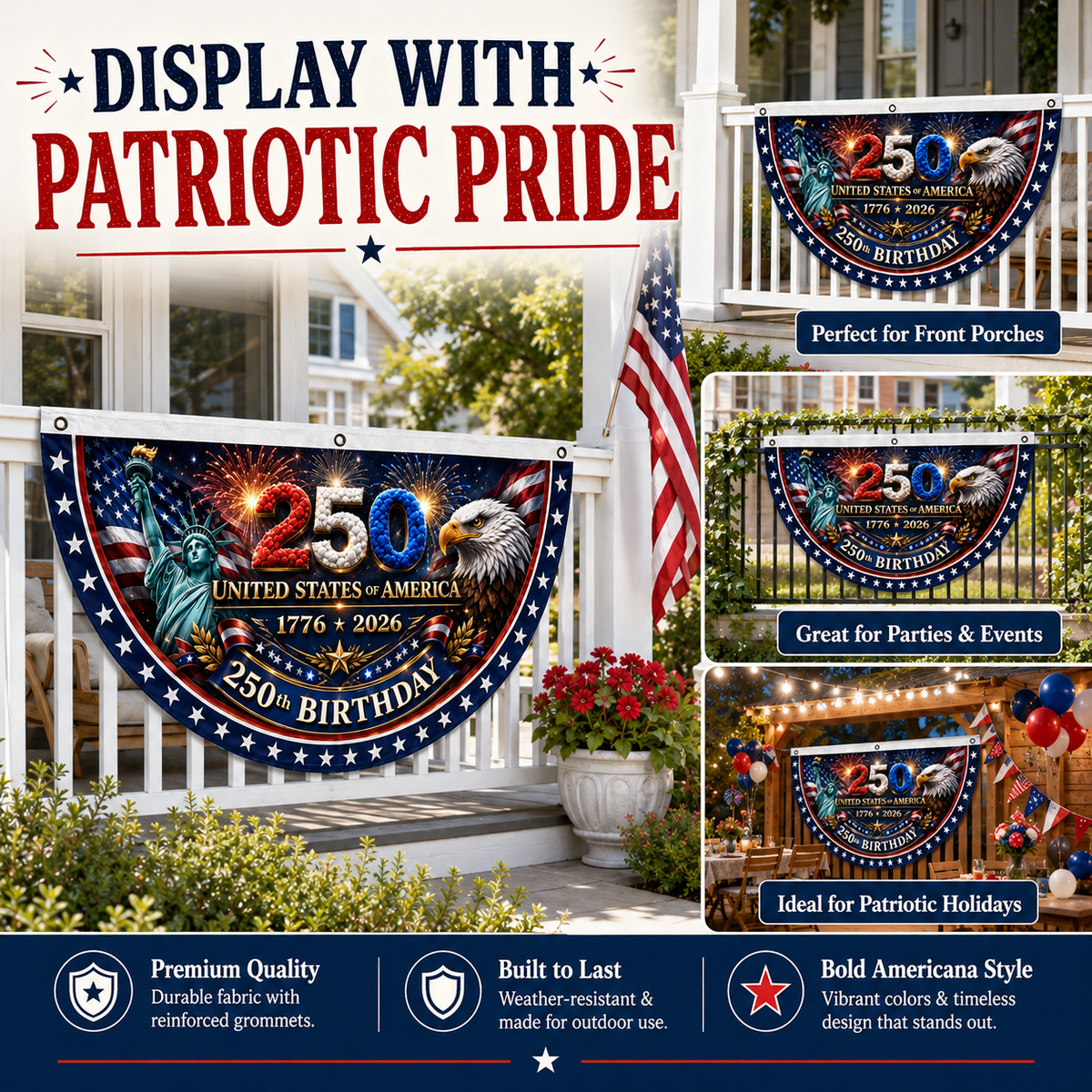 4th July Flash 250th Birthday Patriotic Porch Bunting
