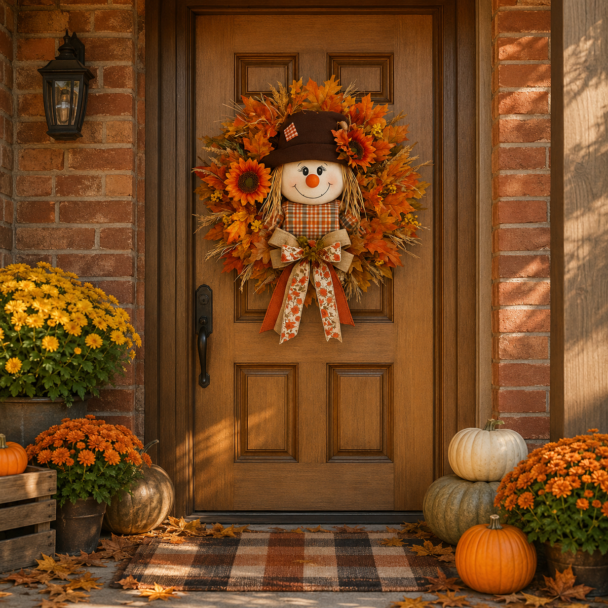 Fall Favorite Lighted Scarecrow Front Door Wreath