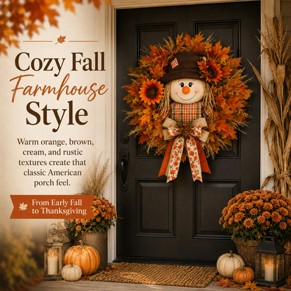 Fall Favorite Lighted Scarecrow Front Door Wreath