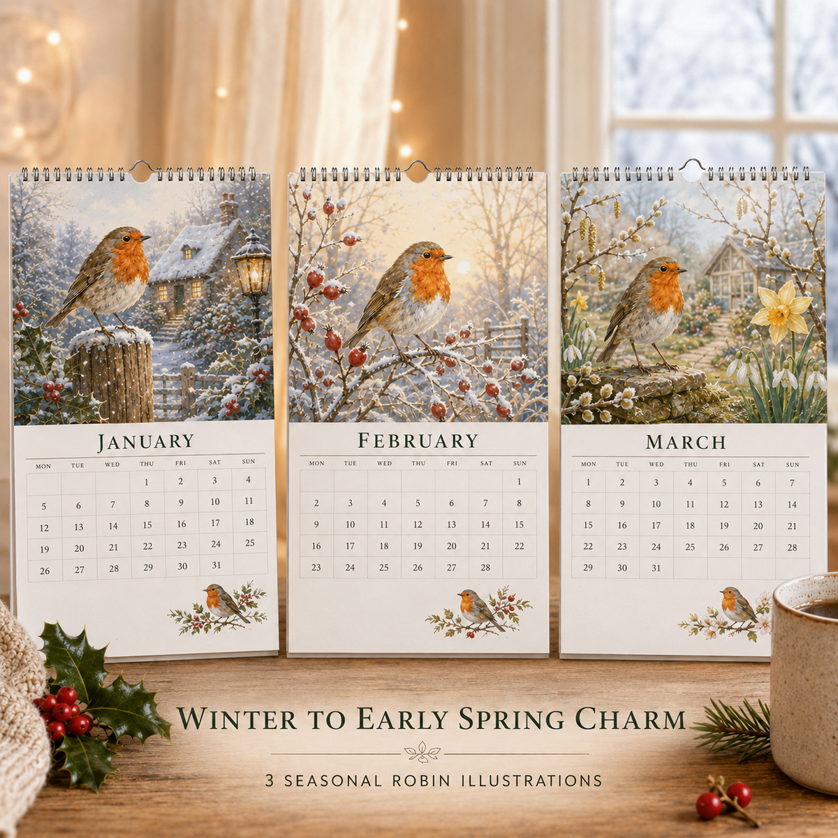 2027 Robin Seasons Calendar British Countryside Garden Bird Wall Calendar & Gift for Bird Lovers