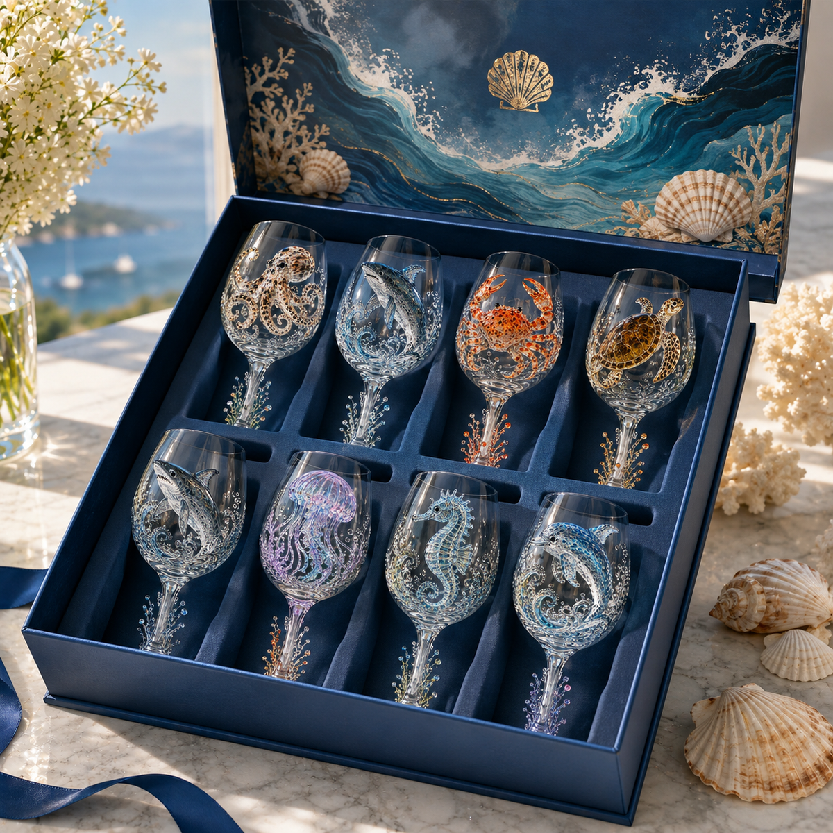 Ocean Treasures Handcrafted 3D Sea Life Wine Glass Collection