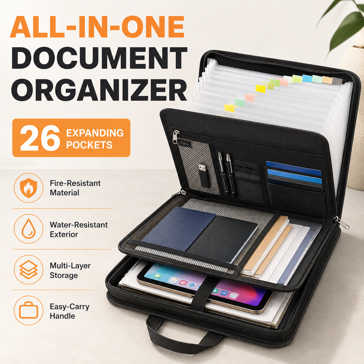 13-Pocket Fireproof & Waterproof Expanding File Organizer with Handle Large Capacity Accordion Document Folder
