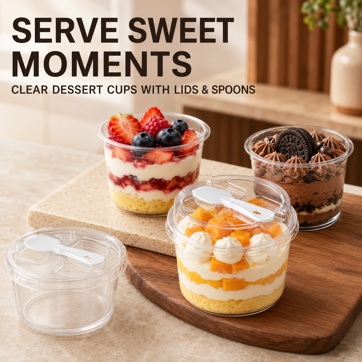 20/50 Sets Round Transparent Plastic Lidded Packaging Boxes with Spoons, Ideal for Cookies, Fruit Ice Cream