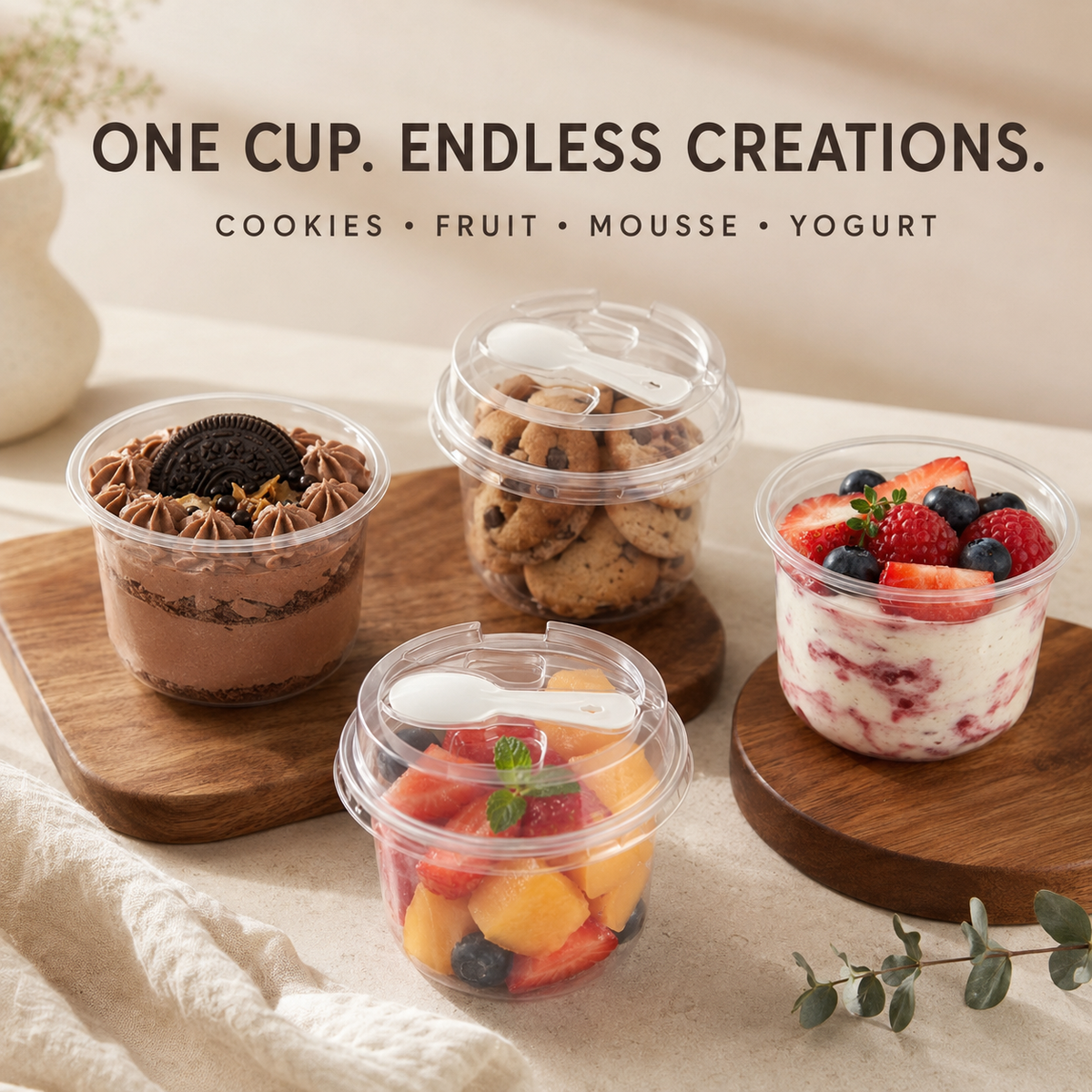 20/50 Sets Round Transparent Plastic Lidded Packaging Boxes with Spoons, Ideal for Cookies, Fruit Ice Cream